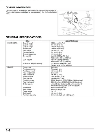 Honda GL1800 / GL1800A Gold Wing Service Manual (2002) Sample Preview: Factory general specifications showing GL1800 / GL1800A dimensions, weights, linked brakes, ABS and 25-litre fuel capacity