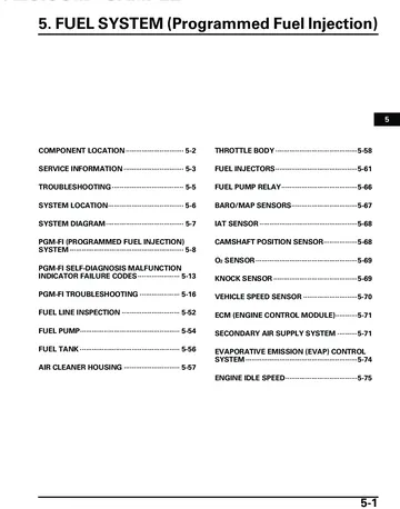 Honda GL1800 / GL1800A Gold Wing Service Manual (2002) Sample Preview: Honda PGM-FI section covering fuel injection, self-diagnosis, throttle body, injectors, sensors and ECM