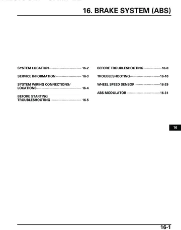 Honda GL1800 / GL1800A Gold Wing Service Manual (2002) Sample Preview: Dedicated GL1800A ABS brake-system section covering wiring, wheel-speed sensors, modulators and troubleshooting
