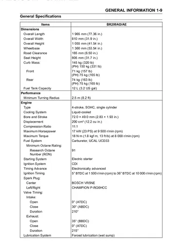 Kawasaki Bajaj Pulsar 200 NS / Rouser 200 NS Service Manual (2013–2014) Sample Preview: General Specifications: 200 cc BR200AD/AE
