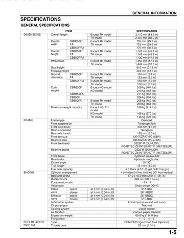 Honda CBR650F Service Manual (2014-2016) Sample Preview: Factory chassis, engine, fuel-system and drivetrain specifications for the CBR650F/CBR650FA