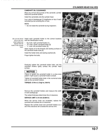 Honda CBR650F Service Manual (2014-2016) Sample Preview: Cylinder-head and camshaft inspection procedures with factory service limits and torque sequence