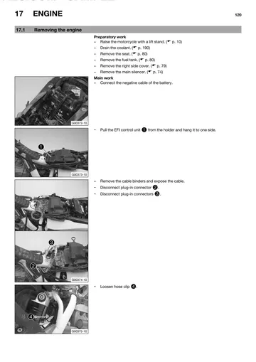 Husqvarna FC 250 EU Service Manual (2014) Sample Preview: Factory engine-removal procedure showing EFI, electrical and chassis disconnection steps