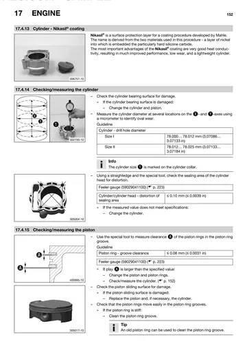 Husqvarna FC 250 EU Service Manual (2014) Sample Preview: Cylinder and piston inspection procedures with Nikasil cylinder-bore and piston measurement guidance