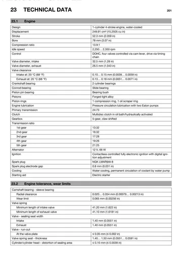 Husqvarna FC 250 EU Service Manual (2014) Sample Preview: Factory engine specifications showing 249.91 cm³ displacement, 78 × 52.3 mm bore and stroke, 13.9:1 compression and five-speed transmission