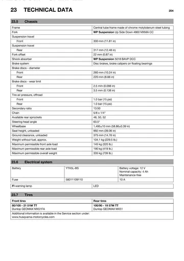 Husqvarna FC 250 EU Service Manual (2014) Sample Preview: Factory chassis specifications showing WP suspension, brake dimensions, gearing, wheelbase, seat height, weight and motocross tyres