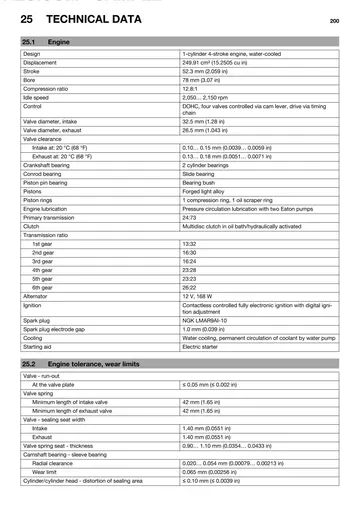 Husqvarna FE 250 Service Manual (2014) Sample Preview: Factory engine specifications showing 249.91 cm³ displacement, 78 × 52.3 mm bore and stroke, 12.8:1 compression and six-speed transmission
