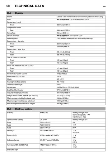 Husqvarna FE 250 Service Manual (2014) Sample Preview: Factory chassis specifications showing WP 4CS suspension, regional final-drive gearing, wheelbase, seat height and brakes