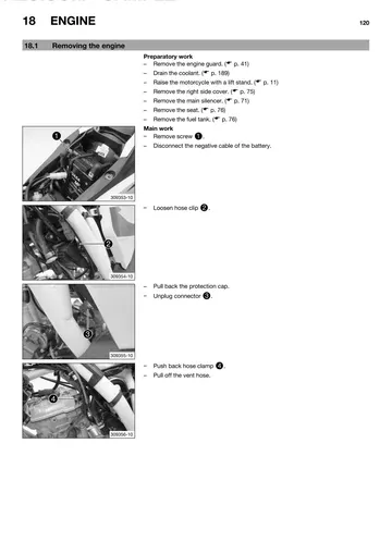 Husqvarna FE 350 Service Manual (2014) Sample Preview: Factory engine-removal procedure showing battery, cooling, EFI, exhaust and chassis disconnection steps