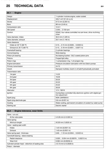 Husqvarna FE 350 Service Manual (2014) Sample Preview: Factory engine specifications showing 349.7 cm³ displacement, 88 × 57.5 mm bore and stroke, 12.3:1 compression and six-speed gearing