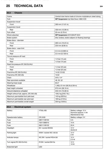 Husqvarna FE 350 Service Manual (2014) Sample Preview: Factory chassis specifications showing WP 4CS suspension, regional final-drive gearing, brakes, wheelbase, seat height and weight
