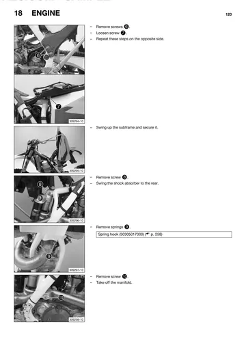 Husqvarna FE 450 / FE 501 Service Manual (2014) Sample Preview: Factory engine-removal procedure showing exhaust, cooling, electrical and chassis disconnection steps