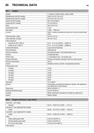 Husqvarna FE 450 / FE 501 Service Manual (2014) Sample Preview: Factory engine specifications for FE 450 and FE 501 showing 449.3/510.4 cm³ displacement, 95 mm bore, 63.4/72 mm strokes, 11.8:1 compression and six-speed gearing