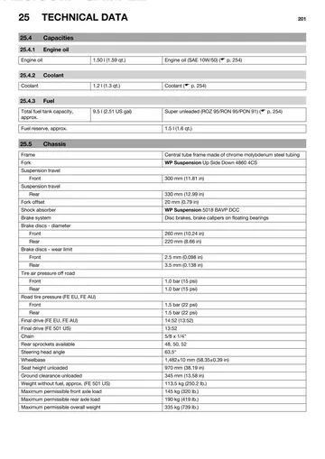 Husqvarna FE 450 / FE 501 Service Manual (2014) Sample Preview: Factory capacities and chassis specifications showing WP 4CS suspension, brakes, final-drive gearing, wheelbase, seat height and 9.5-litre fuel capacity