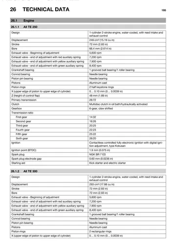 Husqvarna TE 250 / TE 300 Service Manual (2014) Sample Preview: Factory technical data showing 249 cm³ TE 250 and 293 cm³ TE 300 engine specifications and six-speed transmissions