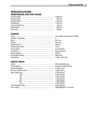 Suzuki GSR600 Service Manual (2006) Sample Preview: Factory GSR600K6 specifications for the 599 cc engine and six-speed drivetrain