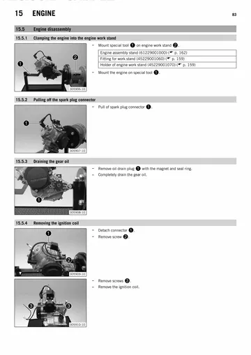 KTM 50 SX / 50 SX Mini Service Manual (2014) Sample Preview: Engine disassembly section for the 49.0 cc liquid-cooled two-stroke