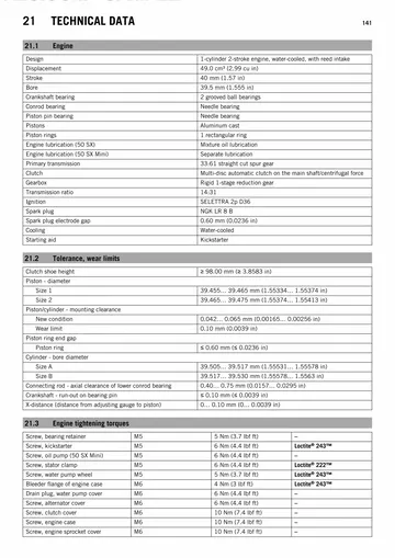 KTM 50 SX / 50 SX Mini Service Manual (2014) Sample Preview: Factory engine technical data and common 50 SX / 50 SX Mini specifications