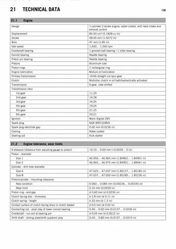 KTM 85 SX Service Manual (2014) Sample Preview: Factory engine specifications, transmission ratios and wear limits