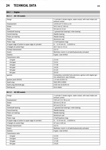 KTM 125 EXC / 200 EXC / 200 XC-W Service Manual (2014) Sample Preview: Factory technical data showing 124.8 cc 125 and 193 cc 200 engine specifications and six-speed transmissions