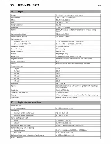KTM 250 EXC-F / XCF-W & Six Days Service Manual (2014) Sample Preview: Factory engine technical data showing 249.91 cc displacement, 78 × 52.3 mm bore/stroke, 12.8:1 compression and six-speed transmission