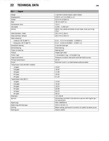 KTM 250 SX-F / XC-F Service Manual (2014) Sample Preview: Factory engine specifications showing 249.91 cc displacement, 78 × 52.3 mm bore/stroke, 13.9:1 compression and SX-F/XC-F transmission ratios