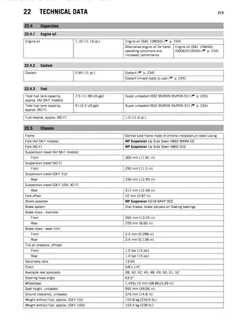 KTM 250 SX-F / XC-F Service Manual (2014) Sample Preview: Factory capacities and chassis specifications showing SX-F/XC-F fuel, WP suspension, brakes, gearing and dimensions