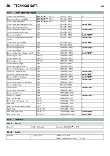 KTM 250 / 300 EXC, XC-W & Six Days Service Manual (2014) Sample Preview: Factory technical data showing 249 cc and 293 cc engines, bore/stroke, hydraulic clutch and six-speed gearbox