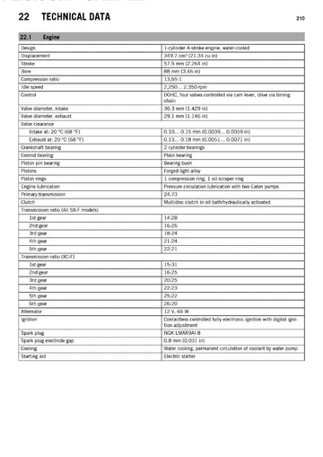 KTM 350 SX-F / XC-F Service Manual (2014) Sample Preview: Factory engine specifications showing 349.7 cc displacement, 88 × 57.5 mm bore/stroke, 13.65:1 compression and SX-F/XC-F transmission ratios