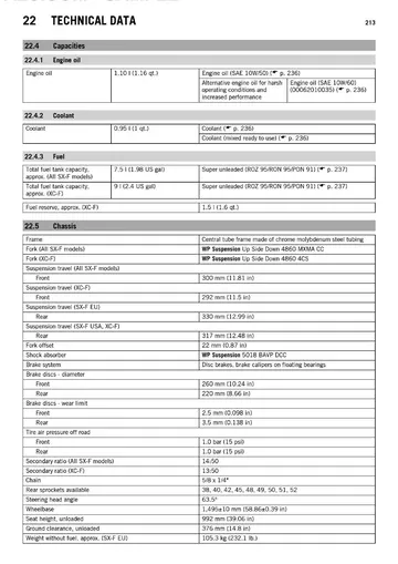 KTM 350 SX-F / XC-F Service Manual (2014) Sample Preview: Factory capacities and chassis data showing SX-F/XC-F fuel, suspension, brakes, final gearing and dimensions