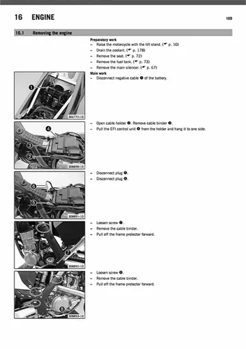 KTM 450 SMR Service Manual (2014) Sample Preview: Factory engine removal procedures and EFI/electrical disconnection sequence