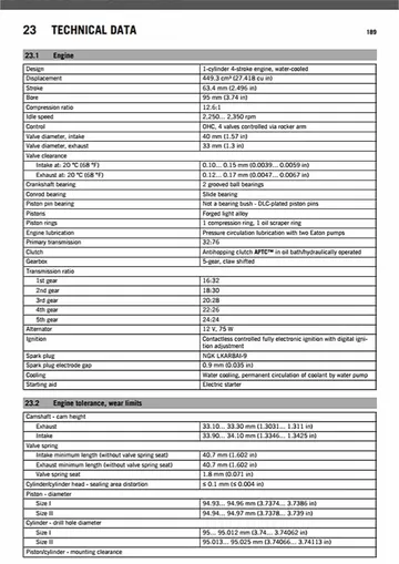 KTM 450 SMR Service Manual (2014) Sample Preview: 449.3 cc engine specifications, APTC anti-hopping clutch and five-speed transmission data