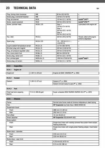 KTM 450 SMR Service Manual (2014) Sample Preview: Factory capacities, WP suspension specifications and 310 mm radial front-brake data