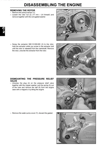 Husaberg FC / FE / FS Service Manual (2004-2005) Sample Preview: Factory engine-disassembly procedure showing rotor, clutch and internal engine service operations