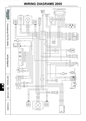 Husaberg FC / FE / FS Service Manual (2004-2005) Sample Preview: 2005 FE/FS factory wiring diagram covering lighting, charging, starting, ignition and control circuits
