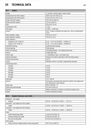 KTM 450 / 500 EXC, XC-W & Six Days Service Manual (2014) Sample Preview: Factory engine technical data showing 449.3 cc and 510.4 cc variants, bore, stroke, compression and six-speed ratios