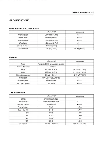 Hyosung GT125 / GT250 Comet Service Manual (2002) Sample Preview: Factory specifications comparing Comet 250 and Comet 125 engine, transmission, dimensions and final-drive data