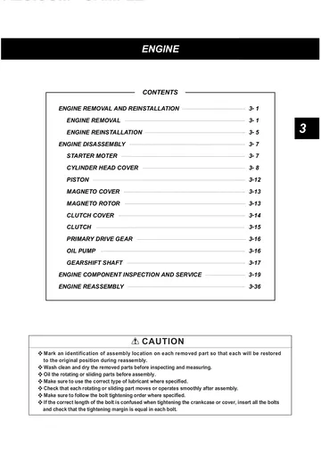 Hyosung GT125 / GT250 Comet Service Manual (2002) Sample Preview: Factory engine section covering removal, disassembly, inspection and complete reassembly
