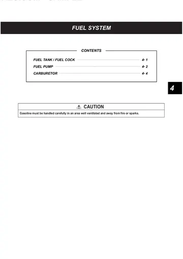 Hyosung GT125 / GT250 Comet Service Manual (2002) Sample Preview: Fuel-system section covering the tank, fuel cock, fuel pump and twin BDS26 carburetors