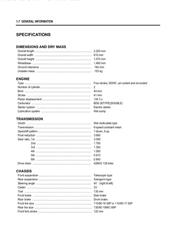 Hyosung Aquila 125 / GV125 Service Manual (2000) Sample Preview: Factory specifications showing the 124.7 cc DOHC twin, twin BDS26 carburetors, six-speed gearbox, chassis dimensions and tire sizes