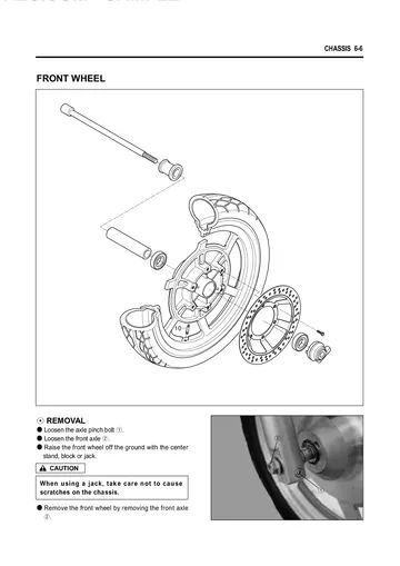 Hyosung Aquila 125 / GV125 Service Manual (2000) Sample Preview: Factory chassis section covering the front wheel and braking system