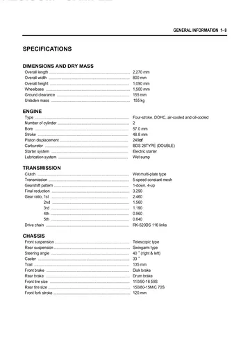 Hyosung Aquila 250 / GV250 Service Manual (2000) Sample Preview: Factory specifications showing the 249 cc DOHC twin, twin BDS26 carburetors, five-speed gearbox, chassis and tire sizes