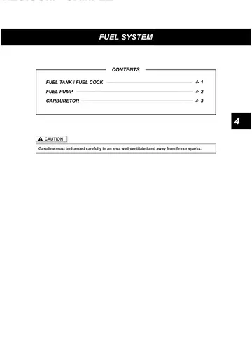 Hyosung Aquila 250 / GV250 Service Manual (2000) Sample Preview: Fuel-system section covering the fuel tank, pump and twin Mikuni carburetors