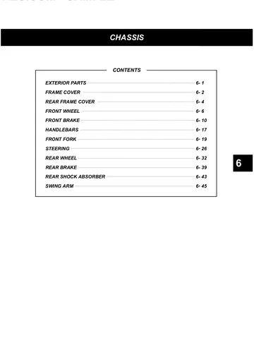 Hyosung Aquila 250 / GV250 Service Manual (2000) Sample Preview: Factory chassis section covering wheels, brakes, handlebars, fork, steering, rear suspension and swingarm