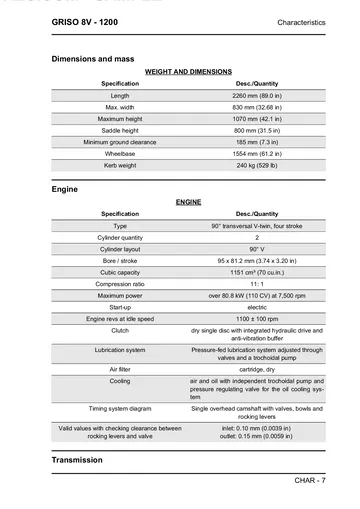Moto Guzzi Griso 1200 8V Service Manual (2007-2011) Sample Preview: Factory dimensions and 1151 cc four-valve V-twin specifications, including 110 CV output and clutch data