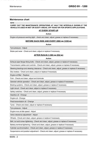Moto Guzzi Griso 1200 8V Service Manual (2007-2011) Sample Preview: Factory maintenance chart covering pre-ride, running-in and recurring mileage-based service operations