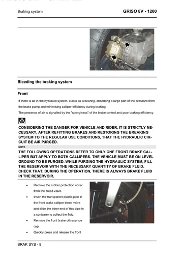 Moto Guzzi Griso 1200 8V Service Manual (2007-2011) Sample Preview: Factory front-brake hydraulic bleeding procedure and brake-fluid service instructions