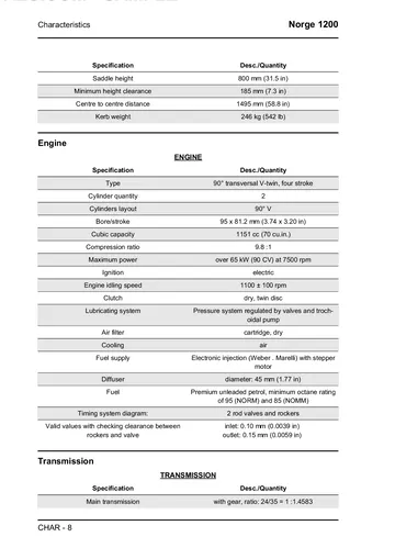 Moto Guzzi Norge 1200 Service Manual (2006-2010) Sample Preview: Factory 1151 cc V-twin specifications, 9.8:1 compression, 90 CV rating and drivetrain data