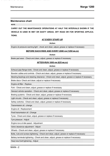 Moto Guzzi Norge 1200 Service Manual (2006-2010) Sample Preview: Factory maintenance chart covering start-up, pre-ride, 1,000 km and recurring service operations