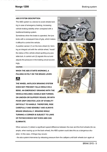 Moto Guzzi Norge 1200 Service Manual (2006-2010) Sample Preview: Factory ABS system description with front and rear wheel sensors and hydraulic-control overview
